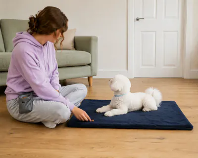 The puppy glancing towards the closed door as the woman places a piece of food on the mat by its front paws.