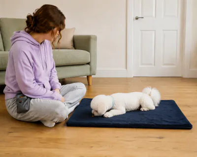 The puppy turning its head back from the door to eat the food on the mat, body still relaxed.