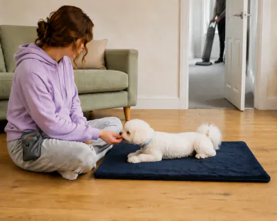 The hallway door open a little with a vacuum cleaner visible far down the hallway, while the puppy lies on its mat taking food from the woman's hand.