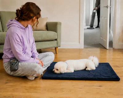 The puppy lying with its chin on its paws on the mat while the vacuum cleaner runs in the hallway beyond the open door, the woman sitting quietly with empty hands.