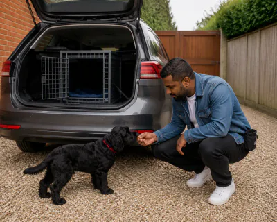 A black Cockapoo puppy sniffing the gravel behind the open boot of a grey estate car while a man crouches beside it with food.
