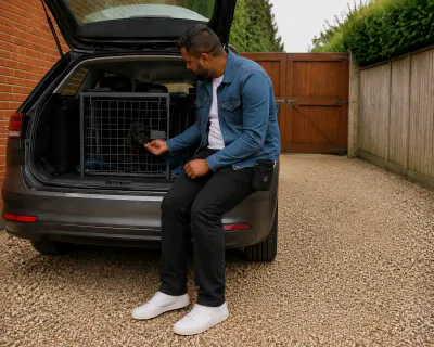The puppy lying on the blanket in the closed crate while the man, sitting on the boot sill, passes a piece of food through the mesh door.