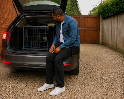 The puppy lying calmly in the closed crate with the car's rear lights glowing and a faint wisp of vapour at the exhaust, the man sitting beside it on the boot sill.