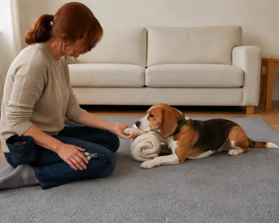 The woman's open hand cradling the Beagle's white front paw from underneath while a pair of plain grey clippers rests closed on her knee.