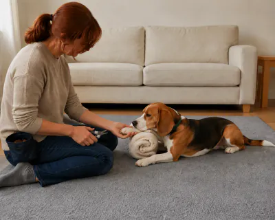 Plain grey clippers held shut against the pale tip of one front claw, the Beagle's chin still on the towel and its eyes soft.