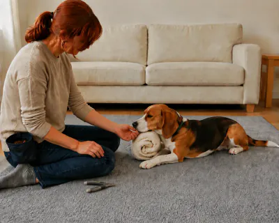 The clippers lying on the rug beside the woman's knee as she feeds the Beagle, whose chin is back on the towel and whose tail lies loose.