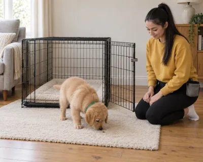A Golden Retriever puppy eating from a piece of food on the rug just outside the open door of a wire crate, while a woman kneels to one side.
