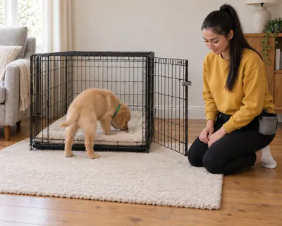 The puppy with its front paws on the fleece bedding just inside the open crate, eating a piece of food there, its hind legs still outside.