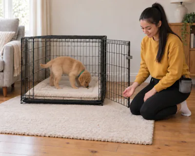 The puppy walking right into the crate towards a piece of food lying on the bedding at the back, with the door still propped open.