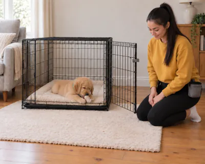 The puppy lying on the fleece inside the open crate, holding a stuffed rubber chew between its front paws and licking it.
