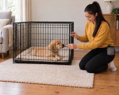 The puppy lying calmly in the crate with the door just closed, taking a piece of food the woman passes through the wire at nose height.