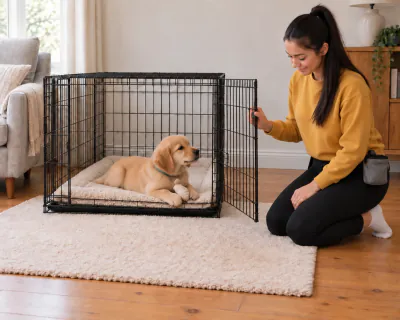 The woman swinging the crate door open while the puppy remains lying relaxed on the bedding inside with its chew.