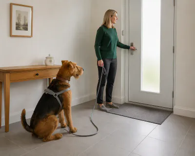 A black and tan Airedale sitting on a tiled hall floor on a trailing grey house line while a woman rests her hand on the front door handle.