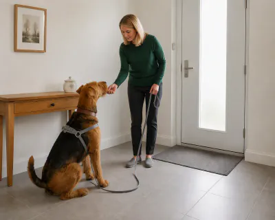 The front door's frosted glass panel showing no one outside while the woman feeds the seated Airedale beside her.