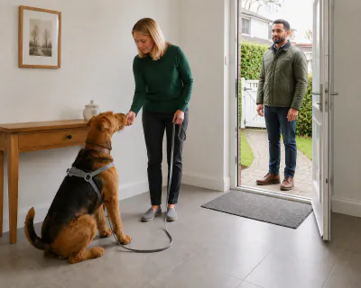 The front door open with a man standing still on the doorstep outside, facing into the hall, while the Airedale stays seated and takes food from the woman.