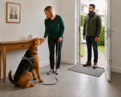 The man standing on the doormat just inside the open door, facing into the hall, while the seated Airedale is fed by the woman.