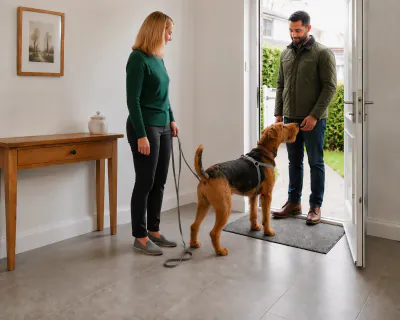 The Airedale walking up to the man inside the doorway and sniffing his lowered hand, all four paws on the floor, on a slack house line.