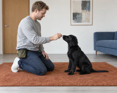 A black Flat-coated Retriever puppy sitting on an orange rug while a kneeling man holds a piece of food at its nose.