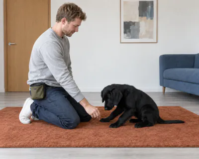 The puppy lowering its nose to follow the man's hand down to the rug between its front paws, its elbows starting to bend.