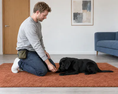 The puppy lying down with chest and elbows on the rug, eating a piece of food held between its front paws.