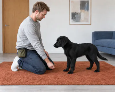 The puppy standing with its nose stretched towards the man's still hand, which holds the food close to the rug and is not given.