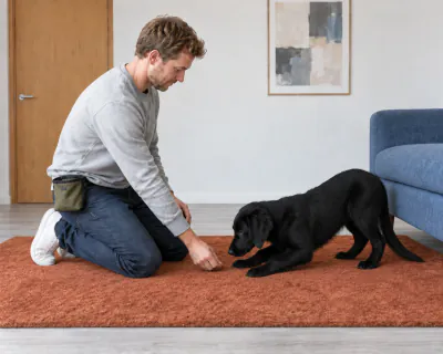 The puppy sitting with its hindquarters against the front of a low blue sofa and folding down as the man's hand takes the food to the rug.