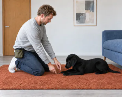 The puppy lying down in front of the sofa as the man points his empty right hand to the rug and his left hand places food between its paws.