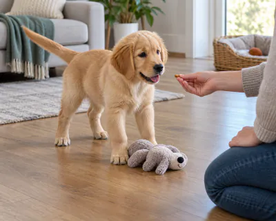 Illustration for teaching a puppy to drop and release