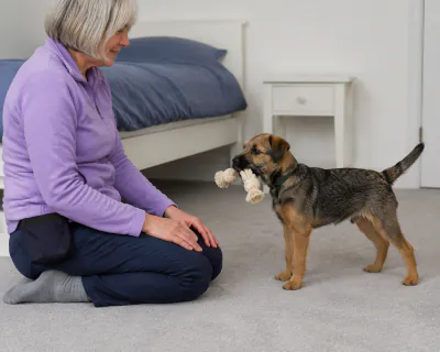 A Border Terrier puppy standing on a grey carpet holding a cream rope toy in its mouth, facing a woman sitting on the floor.