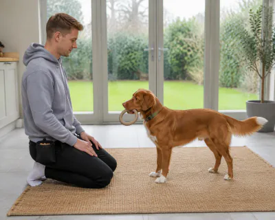 A red and white Nova Scotia Duck Tolling Retriever standing on a jute rug with a beige rubber ring held loosely in its mouth, facing a kneeling man.