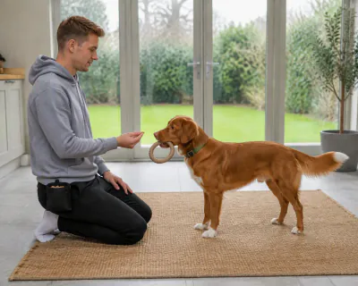 The man holding a piece of food just in front of the dog's nose, a few centimetres from the rubber ring in its mouth.