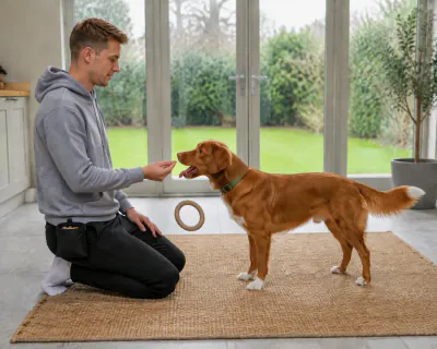 The rubber ring falling from the dog's open mouth towards the rug as its nose reaches for the food in the man's fingers.