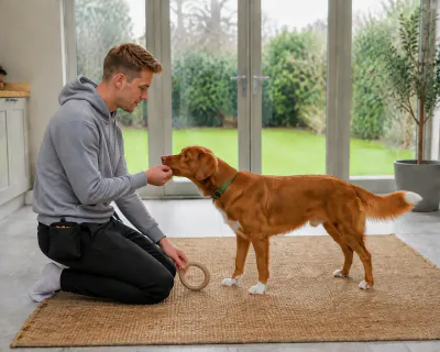 The dog chewing a piece of food from the man's right hand while his left hand lifts the rubber ring from the rug.
