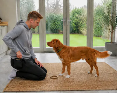 The rubber ring lying on the rug in front of the dog's paws while the man, hands down, takes a treat from the pouch at his hip.