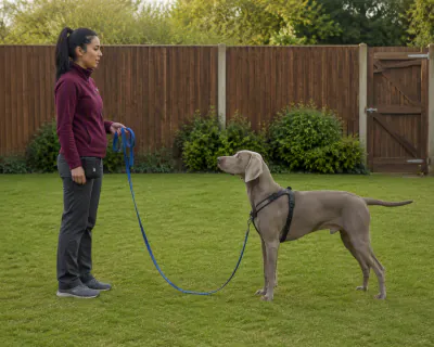 A silver-grey Weimaraner standing still on a lawn a metre in front of a woman holding a blue long line in loose folds.