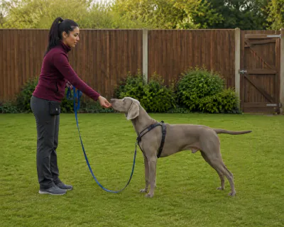 The woman leaning slightly forward to feed a piece of chicken to the Weimaraner, which stands with all four feet unmoved.