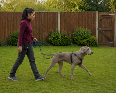 The woman and the Weimaraner walking forward together across the lawn, the dog mid-stride beside her right leg, the line hanging slack.