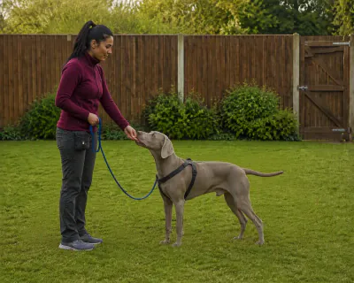 The Weimaraner standing with all four paws planted on the grass while the woman, also stopped, brings a piece of chicken to its mouth.