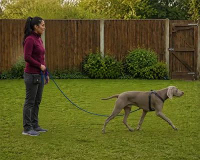 The Weimaraner trotting away across the lawn three metres from the woman, the blue long line lying slack on the grass.