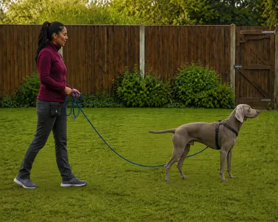The Weimaraner standing still three metres away with the line slack on the grass, while the woman walks towards it gathering the line into her palm.