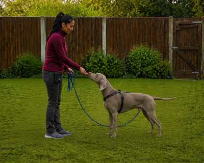 The woman standing beside the still Weimaraner's shoulder and feeding it chicken at head height, the long line folded in her other hand.