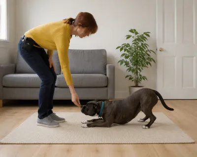 A brindle Staffordshire Bull Terrier lowering its chest to a living room floor, following a woman's pinched fingers down towards the rug.