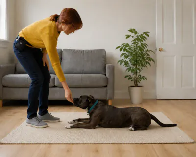 The Staffordshire lying on the rug with its head low as the woman's left hand brings a small piece of food from the pouch on her hip to its mouth.