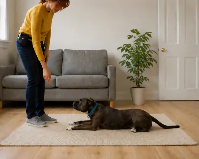 The woman standing upright with her right hand at knee height making a small downward flick, while the Staffordshire lies down on the rug in front of her.