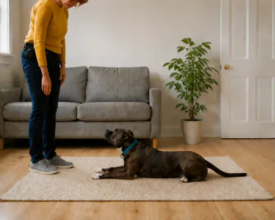 The Staffordshire lying settled on the rug looking up at the woman, who stands upright with both hands relaxed by her thighs and the pouch closed on her hip.