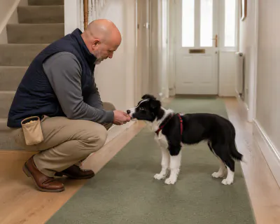 A black-and-white Border Collie puppy taking a piece of chicken from a crouching man's hand on a hallway runner.