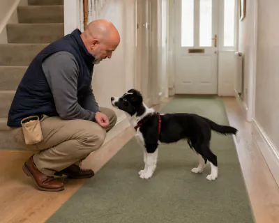 The puppy trotting along the runner towards the crouching man, who waits with his hands low and still.