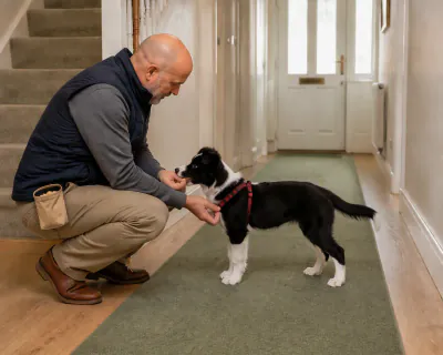 The man's left index and middle fingers hooked under the chest strap of the puppy's red harness while his right hand feeds it.