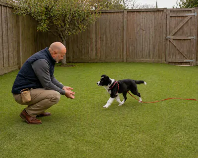 The puppy running across a lawn towards the crouching man, a red long line trailing loosely behind it on the grass.