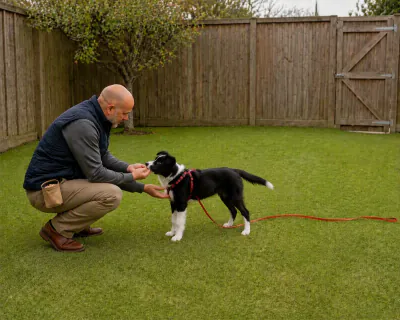 The man crouching with two fingers under the puppy's harness, feeding it a piece of chicken while the long line lies in loose curves on the lawn.